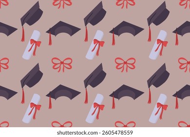Graduation cap and diploma scroll seamless backdrop. Vector template for fabric, textile, wallpaper, wrapping paper