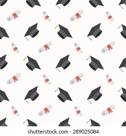 Graduation Cap And Diploma Scroll Seamless Background. Higher Education Celebration Anniversary Symbol Pattern. Black Texture Backdrop. Vector Illustration