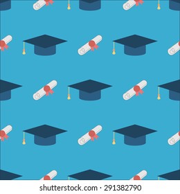 Graduation Cap And Diploma Scroll Seamless Background. Higher Education Celebration Anniversary Symbol Pattern. Blue Texture Backdrop. Vector Illustration