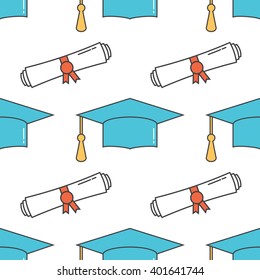 Graduation cap and diploma scroll seamless line art background. Higher education celebration anniversary symbol linear pattern. Colorful texture backdrop. Vector outline illustration