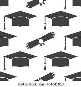 Graduation Cap And Diploma Scroll Seamless Background. Higher Education Celebration Anniversary Symbol Pattern. Black And White Texture Backdrop. Vector Outline Illustration