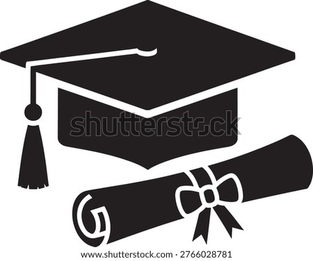 Graduation cap and diploma scroll silhouette icon for education and academic success design