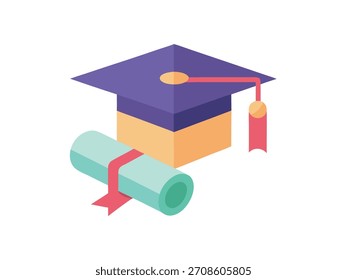 Um boné de graduação e um rolo de diploma, simbolizando a realização acadêmica e a educação, isolados em um fundo branco.