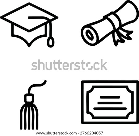 Graduation cap diploma scroll tassel and certificate icons with line art