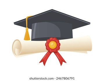 Graduation cap and diploma scroll. Traditional graduation ceremony symbols: certificate with ribbon and academic hat. Vector illustration.