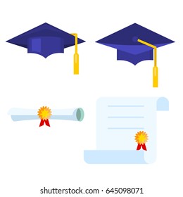 Graduation cap and diploma scroll vector icon.