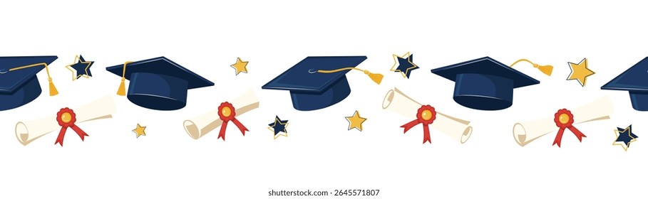 Graduation Cap With Diploma Scrolls And Stars. Horizontal Seamless Border. Banner Education Celebration Concept For Poster And Invitation. Vector Illustration. 