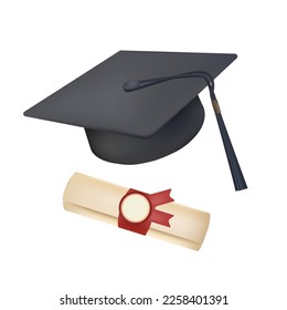 Graduation cap and diploma with seal 3D icon. Hat with tassel, paper scroll with badge 3D vector illustration on white background. Education, graduation, success concept.