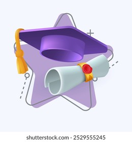Graduation cap and diploma with seal 3D icon. Hat with tassel, paper scroll with badge 3D vector illustration on white background. Education, graduation, success concept