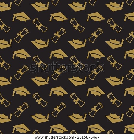 Graduation Cap and Diploma Seamless Pattern. Gold and Black. Grad Ceremony Backdrop. Vector Template For Fabric, Textile, Wallpaper, Wrapping Paper