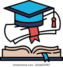 A graduation cap and diploma are shown above an open book. Concept of academic achievement and the importance of education