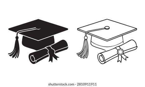 graduation cap and diploma silho traced abstract visual background with clean commercial black silhouette with line art vector icon
