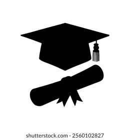 Graduation cap and diploma silhouette icon vector illustration design on white background.