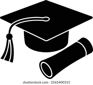  Graduation cap and diploma silhouette isolated on white background. Cap diploma sign vector illustration design