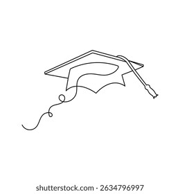 The graduation cap and diploma in a single line drawing on a white artboard simply express achievement and the path of education.