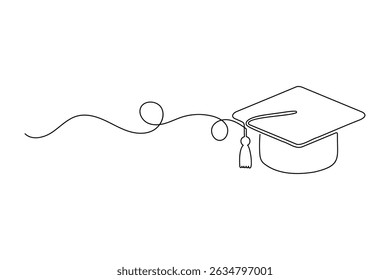 The graduation cap and diploma in a single line drawing on a white artboard simply express achievement and the path of education.