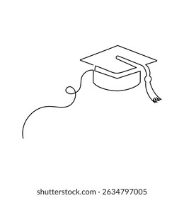 The graduation cap and diploma in a single line drawing on a white artboard simply express achievement and the path of education.