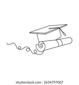 The graduation cap and diploma in a single line drawing on a white artboard simply express achievement and the path of education.