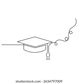 The graduation cap and diploma in a single line drawing on a white artboard simply express achievement and the path of education.