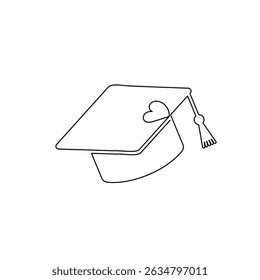 The graduation cap and diploma in a single line drawing on a white artboard simply express achievement and the path of education.