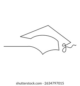 The graduation cap and diploma in a single line drawing on a white artboard simply express achievement and the path of education.