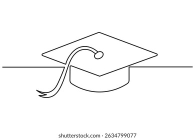 The graduation cap and diploma in a single line drawing on a white artboard simply express achievement and the path of education.