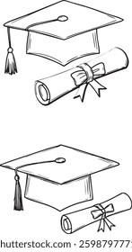 Graduation Cap and Diploma Sketch EPS - Hand-Drawn Vector Illustration, Two Variations, Education Symbol, Isolated Line Art, Academic Achievement
