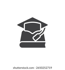 Boné de graduação e diploma ícone sólido. Um ícone de vetor preenchido de uma placa-mãe e de rolagem. Este símbolo de ícone representa um símbolo acadêmico e um símbolo de honra.