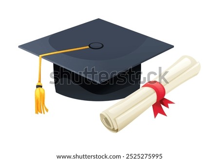 Graduation cap with diploma, symbolizing achievement and education. Vector cartoon illustration
