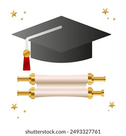 Graduation cap and diploma. Traditional symbols of the graduation ceremony. Vector illustrations.