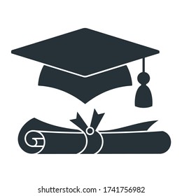 Graduation cap with diploma vector black icon. University mortarboard. Badge for banner, poster or flyer.