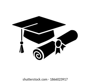 Graduation cap and diploma. Vector  black web icon