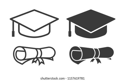 Graduation cap and diploma vector icon flat and outline style