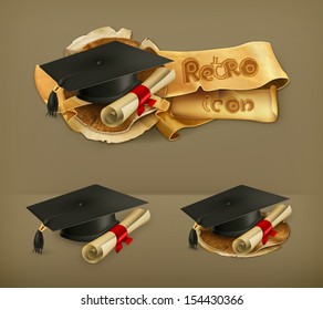 Graduation cap and diploma, vector icon