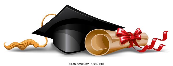 Graduation cap and diploma. Vector illustration.