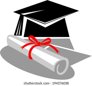 Graduation cap and diploma - vector illustration