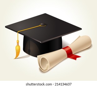 Graduation Cap And Diploma. Vector Illustration