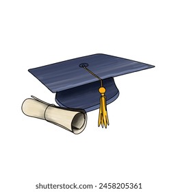 Graduation cap and diploma vector illustration on white background, graduation hat with tassel