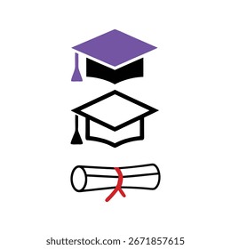 Gorra de graduación y diploma, Ilustración vectorial sobre un fondo blanco.