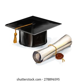 graduation cap and diploma vector illustration  hand drawn  painted watercol
