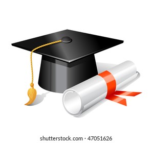 diploma and graduation hat