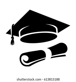 Graduation Cap And Diploma Web Icon. Black Student Hat Vector Illustration