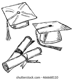 Graduation Cap Doodle. Graduation School Hat And Diploma Sketches.