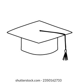 Graduation cap doodle sketch, hat line icon. Outline vector illustration