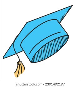 Graduation cap in doodle style vector isolated. Illustration of a blue hat with tassel. Concept of academic success.