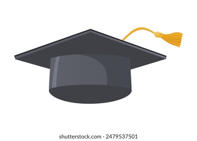 Tapa de graduación en posición dinámica. Tocado tradicional para la ceremonia de graduación. Vestimenta académica para un graduado universitario, de secundaria o universitario. Ilustración vectorial