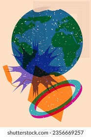 Graduation cap with Earth globe and colorful geometric shapes. Academic Educational trendy riso graph design. Geometry elements, risograph print texture style.