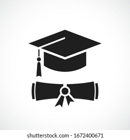 Graduation cap and education diploma vector icon on white background