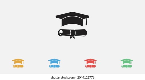 Graduation cap and education diploma vector icon. Academic graduation vector icon. Set of colorful flat design icons. 