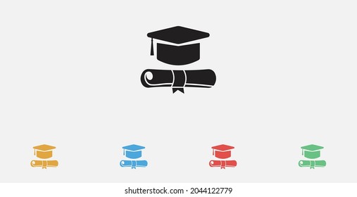 Icono vectorial del título de graduación y diploma de educación. Icono de vector de graduación académica. Conjunto de coloridos iconos de diseño plano. 